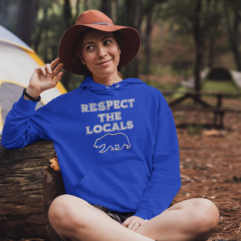 Introducing our rugged and stylish camping hoodie featuring a majestic bear design and the iconic phrase "Respect The Locals."